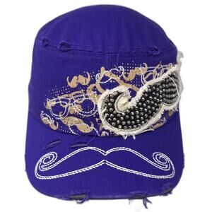 Leader LOGA Mustache Studded Army Cap Hat Purple White Distressed OS Slideback